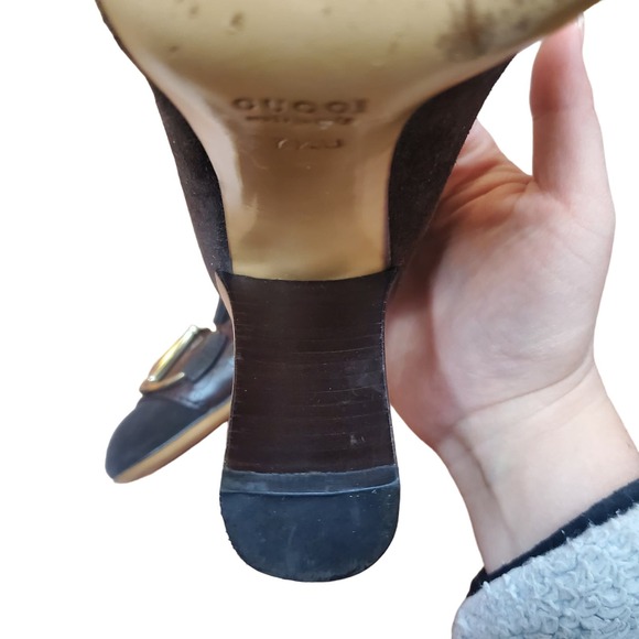 Gucci Horsebit Accented Suede and Embossed Leather Pumps Heels Guccissima 7.5 B - Picture 9 of 16